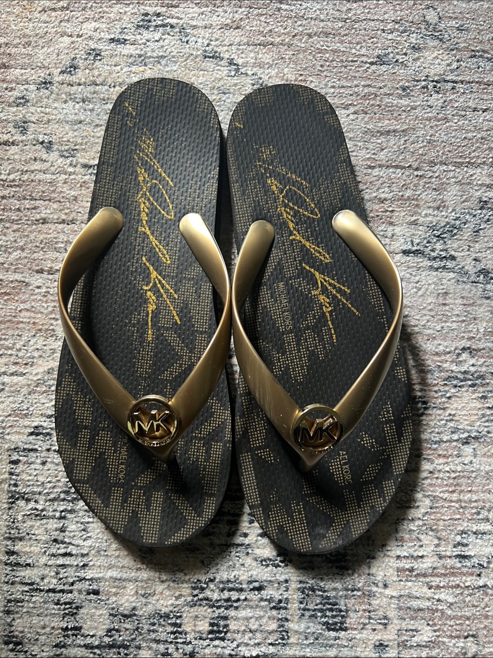 Michael Kors Black and Gold Logo Flip Flop Sandals